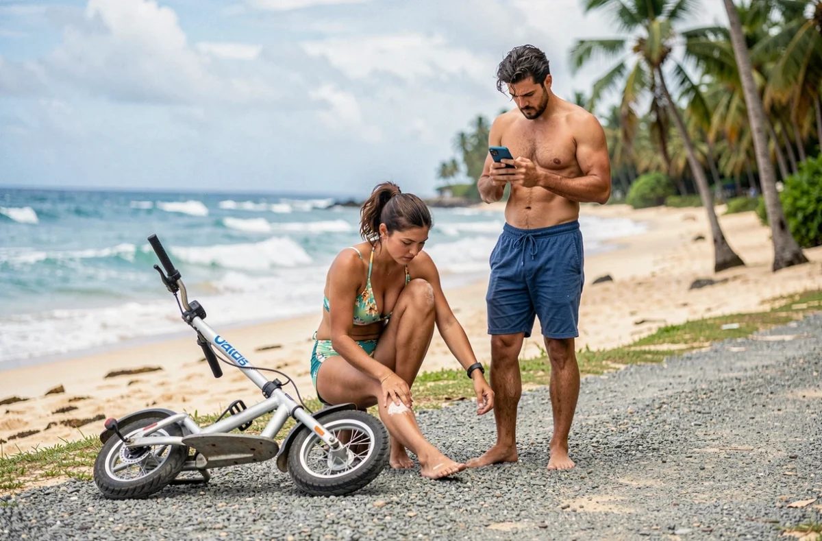 Couple de voyageurs face à un accident de scooter sur une plage du Costa Rica sans assurance voyage adéquate