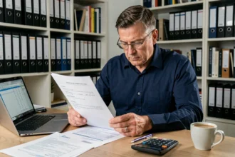 Homme consultant un contrat de prêt pour acheter des SCPI à crédit dans un bureau à domicile