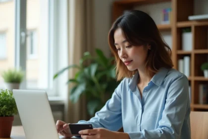 Femme effectuant un achat sécurisé en ligne avec sa carte bancaire sur ordinateur portable à domicile