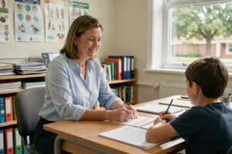 AESH accompagnant un élève dans une salle de ressources scolaire avec des supports pédagogiques sur la table