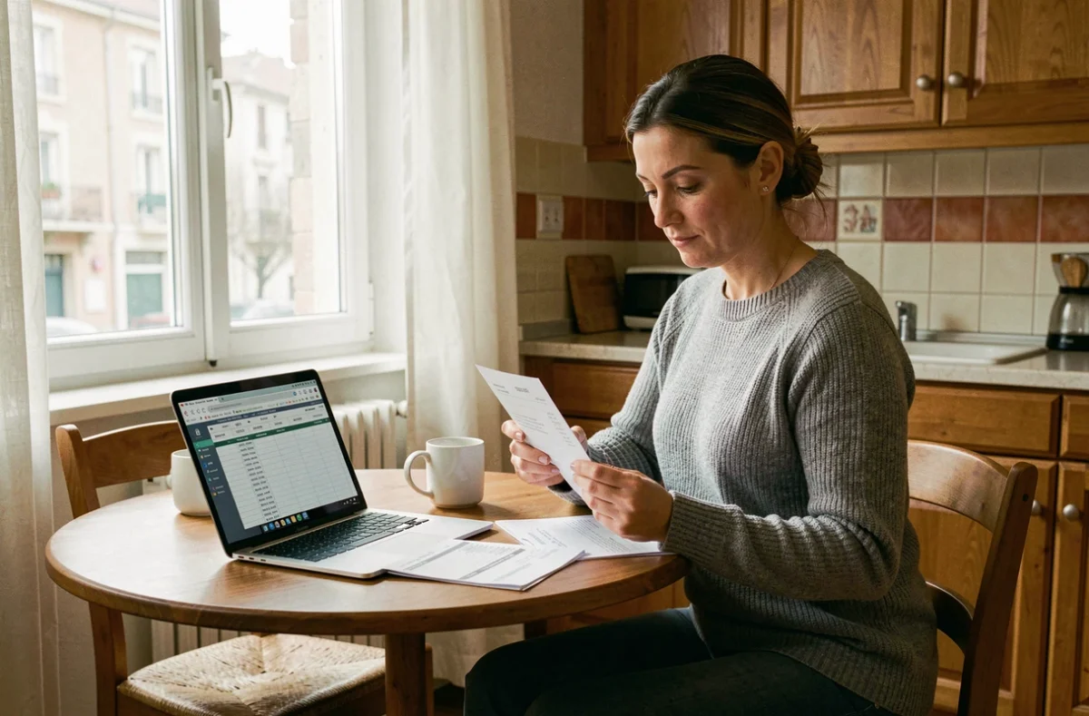 AESH examinant sa fiche de salaire net à domicile avec un ordinateur portable et un relevé de paie imprimé