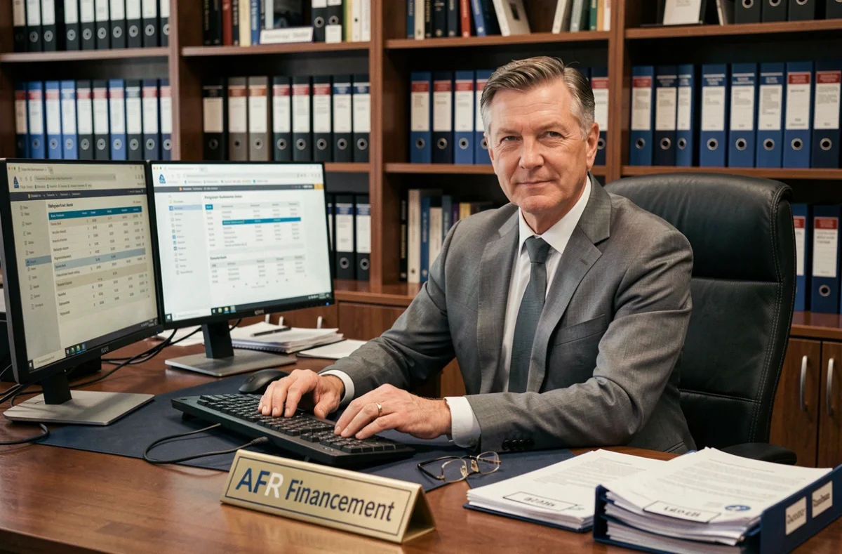 Conseiller AFR Financement à son bureau avec des documents et outils de simulation de crédit immobilier
