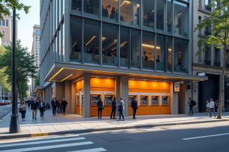 Agence bancaire moderne en ville en plein jour