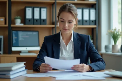 Femme consultant des documents administratifs officiels dans un bureau de la SGC Nord Vendée