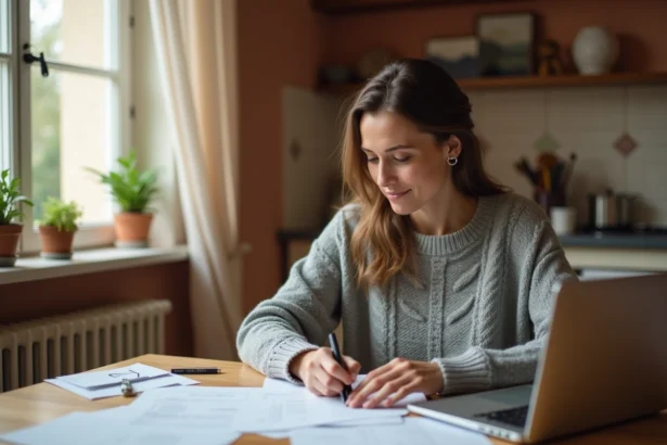 Femme remplissant un dossier d'aide au paiement du loyer dans sa cuisine, avec des documents administratifs posés sur une table en bois