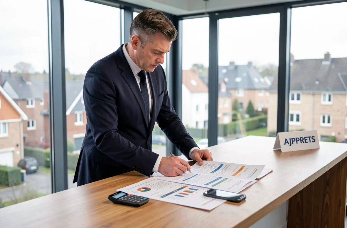 Courtier AJYPRETS analysant des comparatifs de prêts immobiliers dans un espace de travail moderne