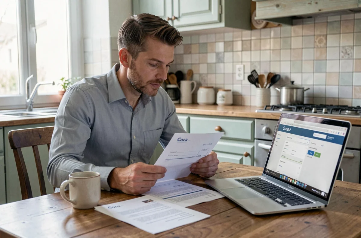 Homme analysant les conditions d'un chèque différé Cora à la maison, documents et ordinateur portable sur la table
