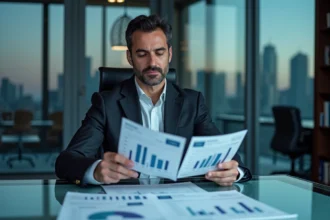 Analyste financier comparant des actions de petite capitalisation aux blue chips sur son bureau avec des graphiques boursiers imprimés