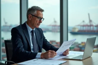 Analyste financier en bureau avec vue port europe