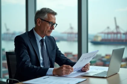 Analyste financier en bureau avec vue port europe