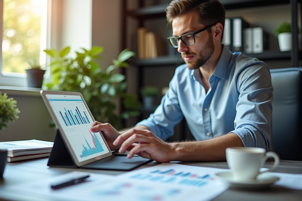 Professionnel analysant des graphiques financiers sur une tablette