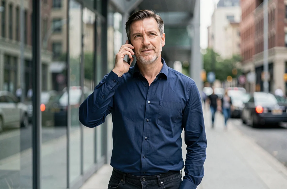 Homme contactant le service client ECA Assurance par téléphone en milieu urbain