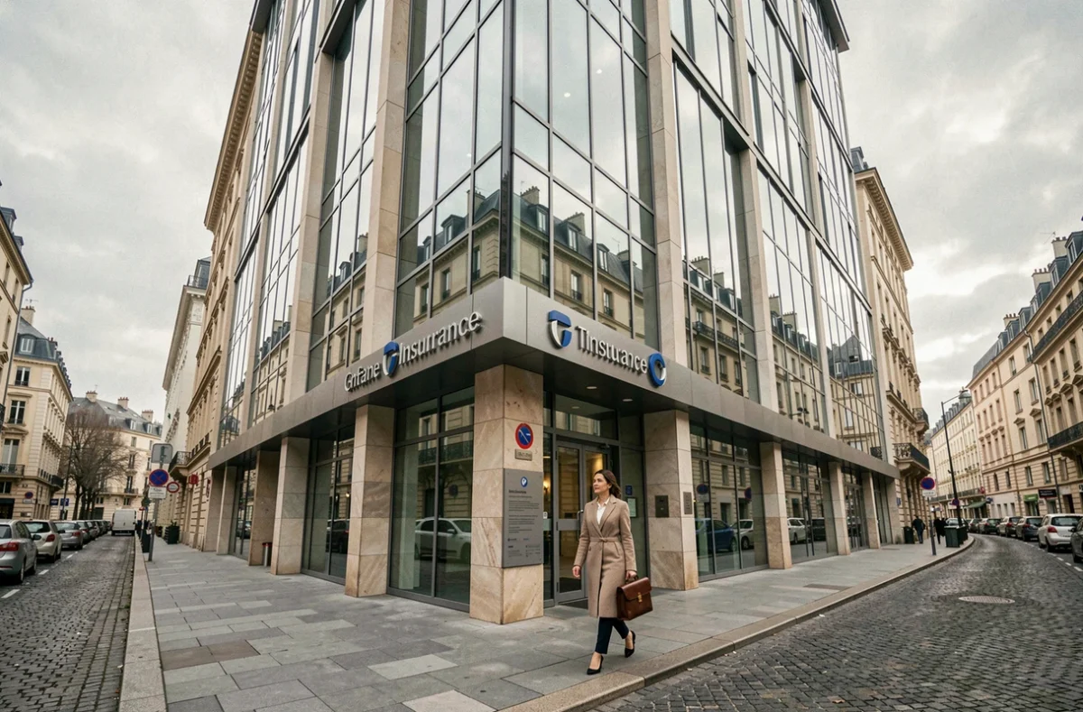 Façade du siège social d'April à Lyon, immeuble moderne avec une professionnelle entrant dans les locaux