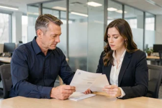 Un homme et une conseillère financière examinent un contrat d'assurance emprunteur dans une agence bancaire moderne
