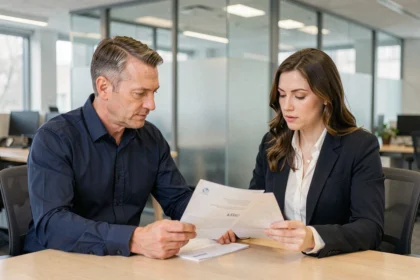 Un homme et une conseillère financière examinent un contrat d'assurance emprunteur dans une agence bancaire moderne