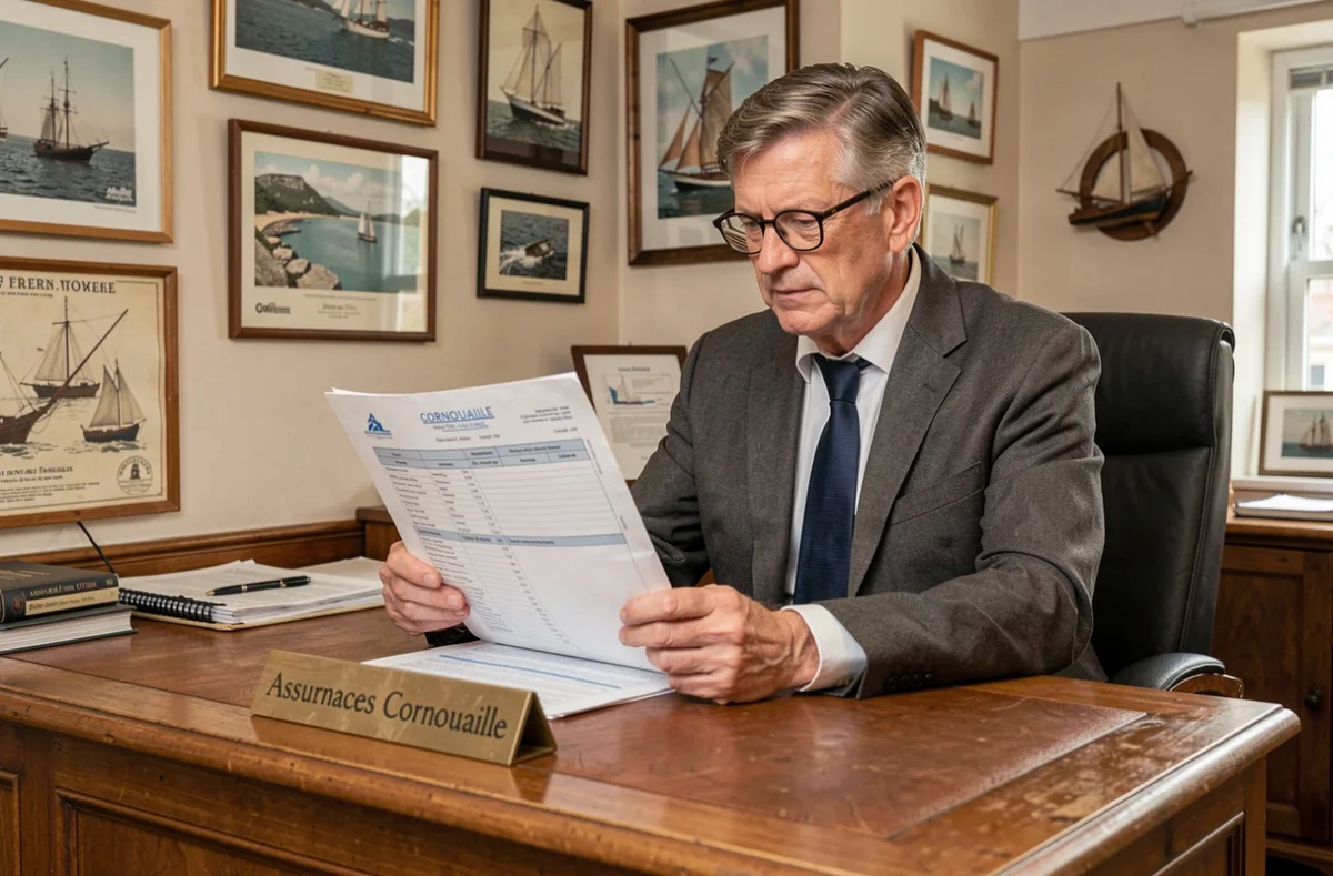 Courtier d'Assurances Cornouaille étudiant un contrat d'assurance maritime dans un bureau aux décors côtiers du Finistère