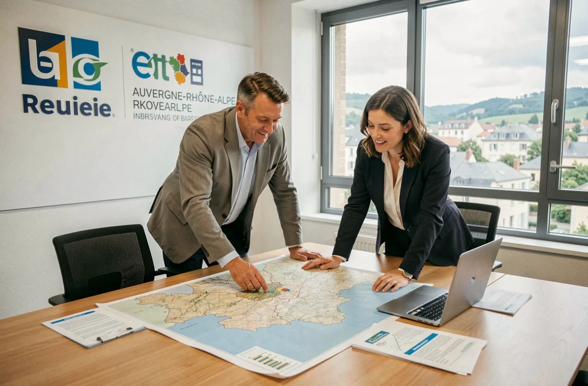 Deux courtiers AURA Courtage collaborant autour d'une carte de la région Auvergne-Rhône-Alpes et de documents d'assurance