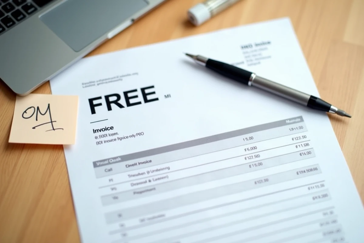 Vue aérienne d'un avis d'échéance Free posé sur une table en bois avec stylo et note manuscrite