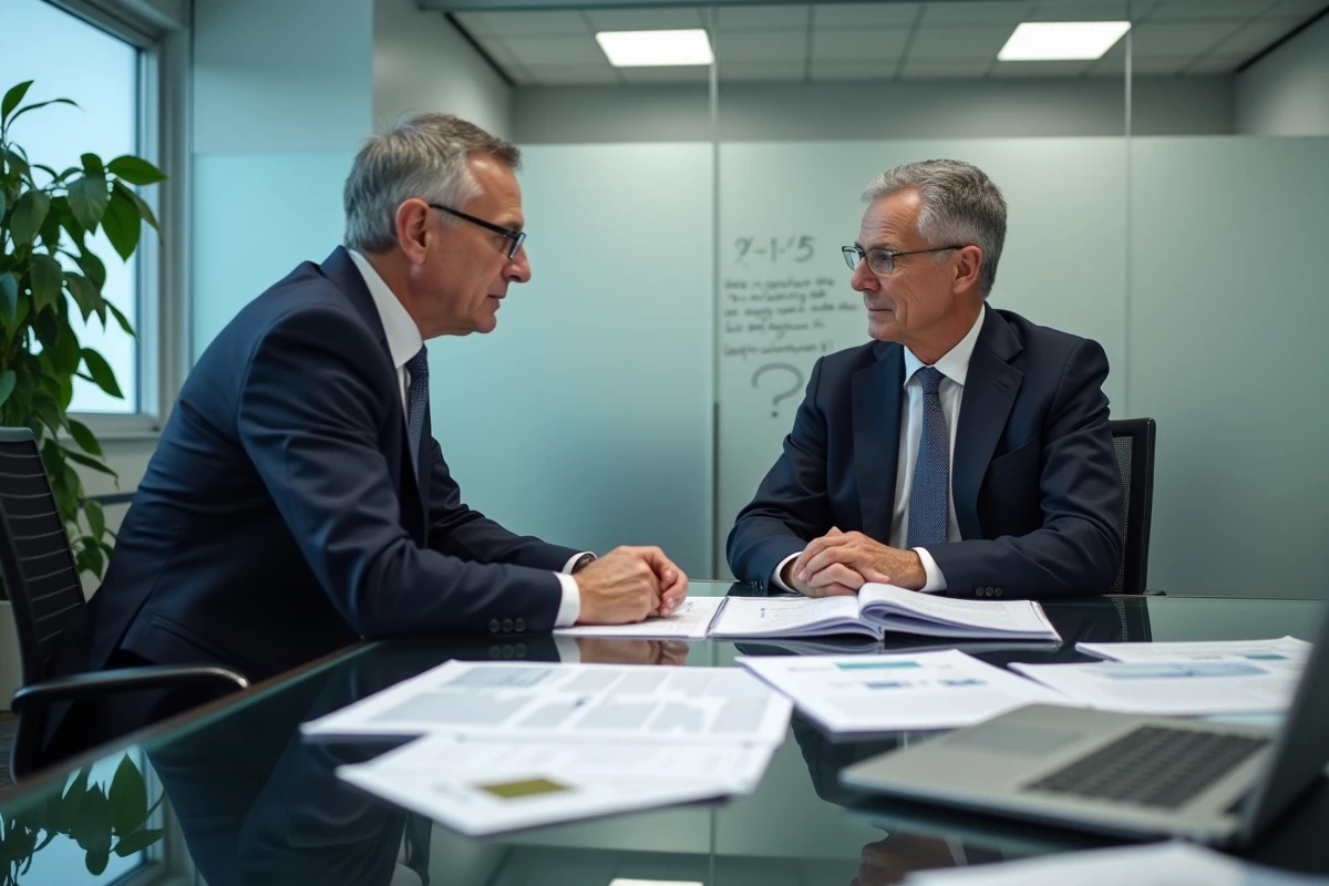 Deux avocats d'affaires analysant des rapports financiers et des fichiers juridiques dans une salle de conférence lors d'une enquête sur une société financière