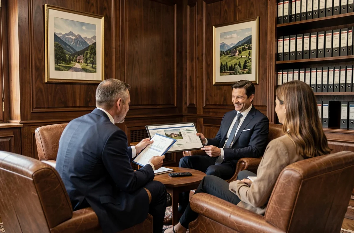 Courtier patrimonial Ballad et Vous en Auvergne-Rhône-Alpes en consultation avec un couple dans un bureau élégant