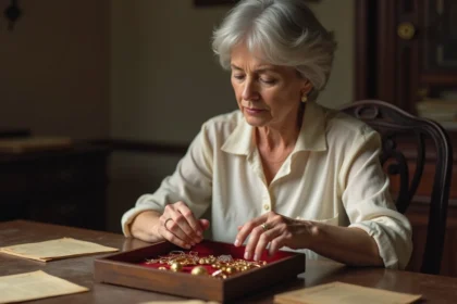 Femme âgée examinant des bijoux en or hérités posés sur un plateau en velours, évaluation de bijoux anciens en or 9 carats