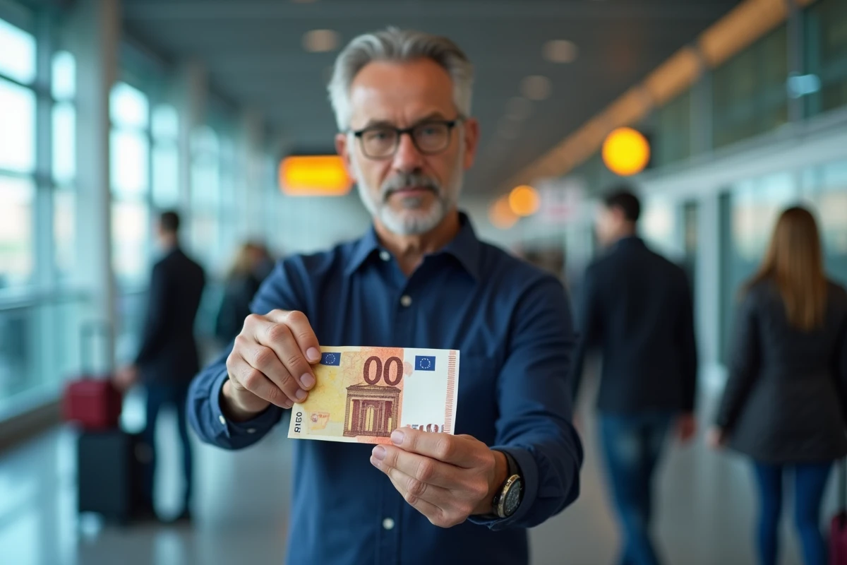 Homme tenant un billet de 100 euros dans un aéroport international près d'un bureau de change