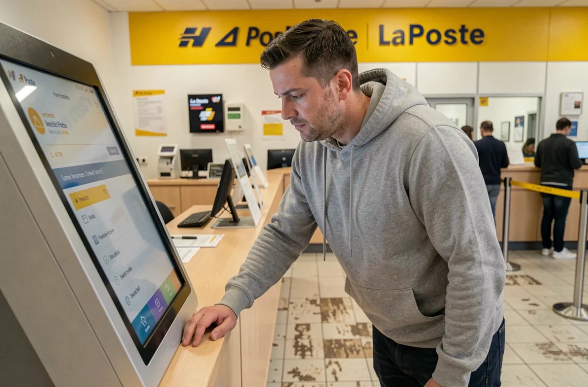 Homme utilisant une borne interactive dans une agence La Poste pour trouver un distributeur automatique à proximité