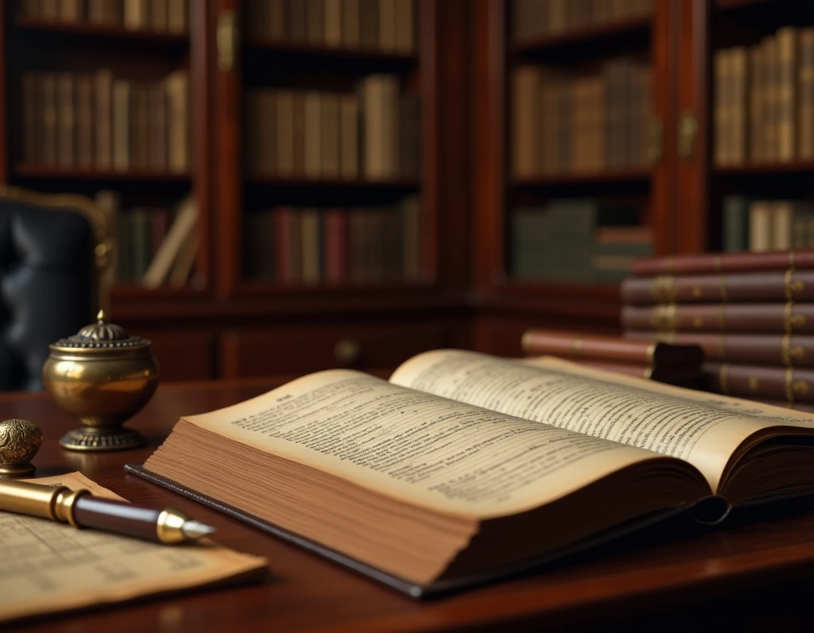 Détail d'un bureau en chêne avec un grand livre comptable en cuir et une plume, symbolisant la fortune et l'héritage entrepreneurial français