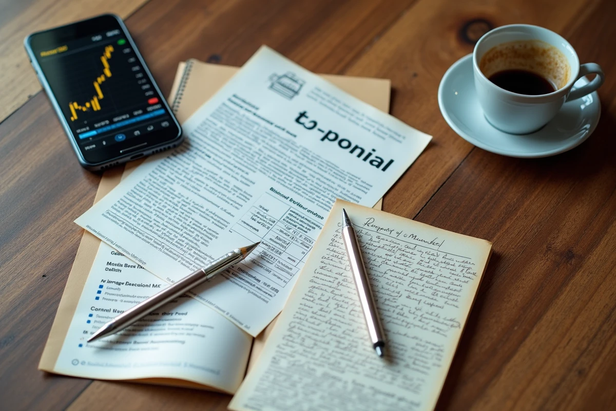 Vue aérienne d'un bureau avec rapport financier imprimé, notes manuscrites sur objectifs de cours boursier et smartphone affichant un ticker d'action