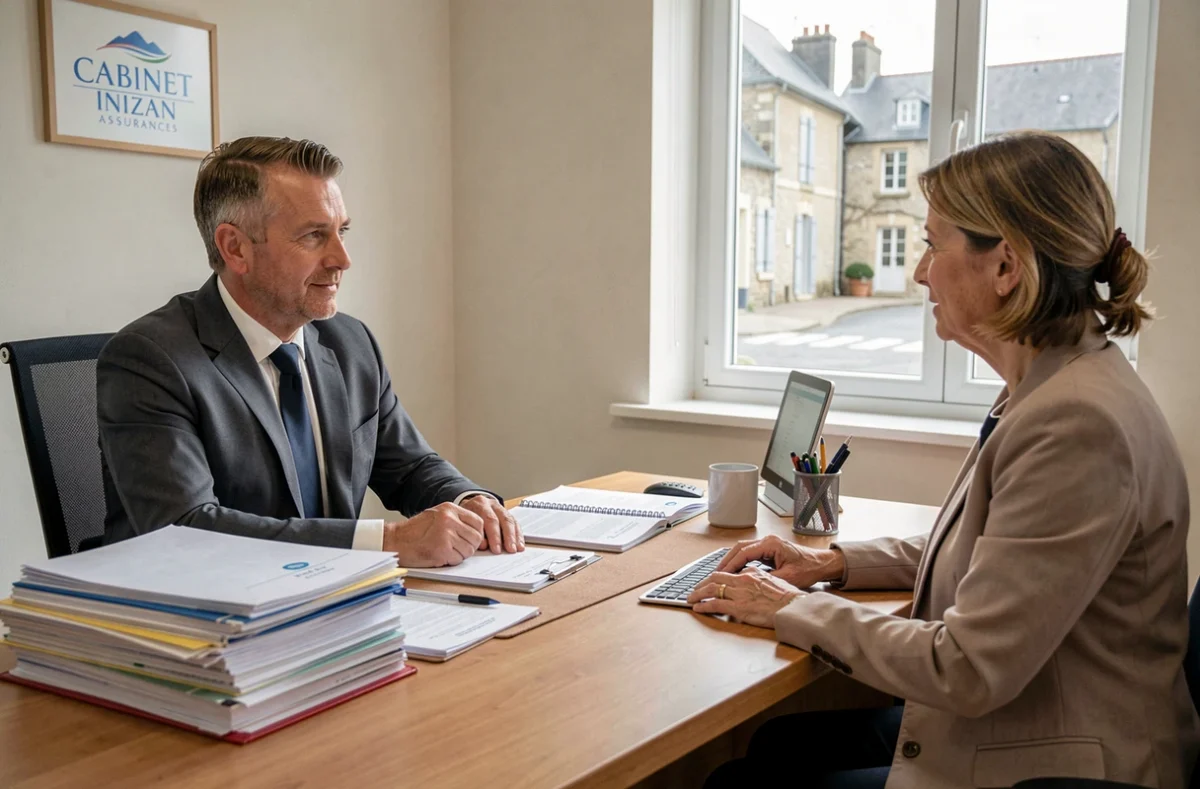 Conseiller du Cabinet Inizan Assurances en entretien avec une cliente dans un bureau donnant sur une rue bretonne
