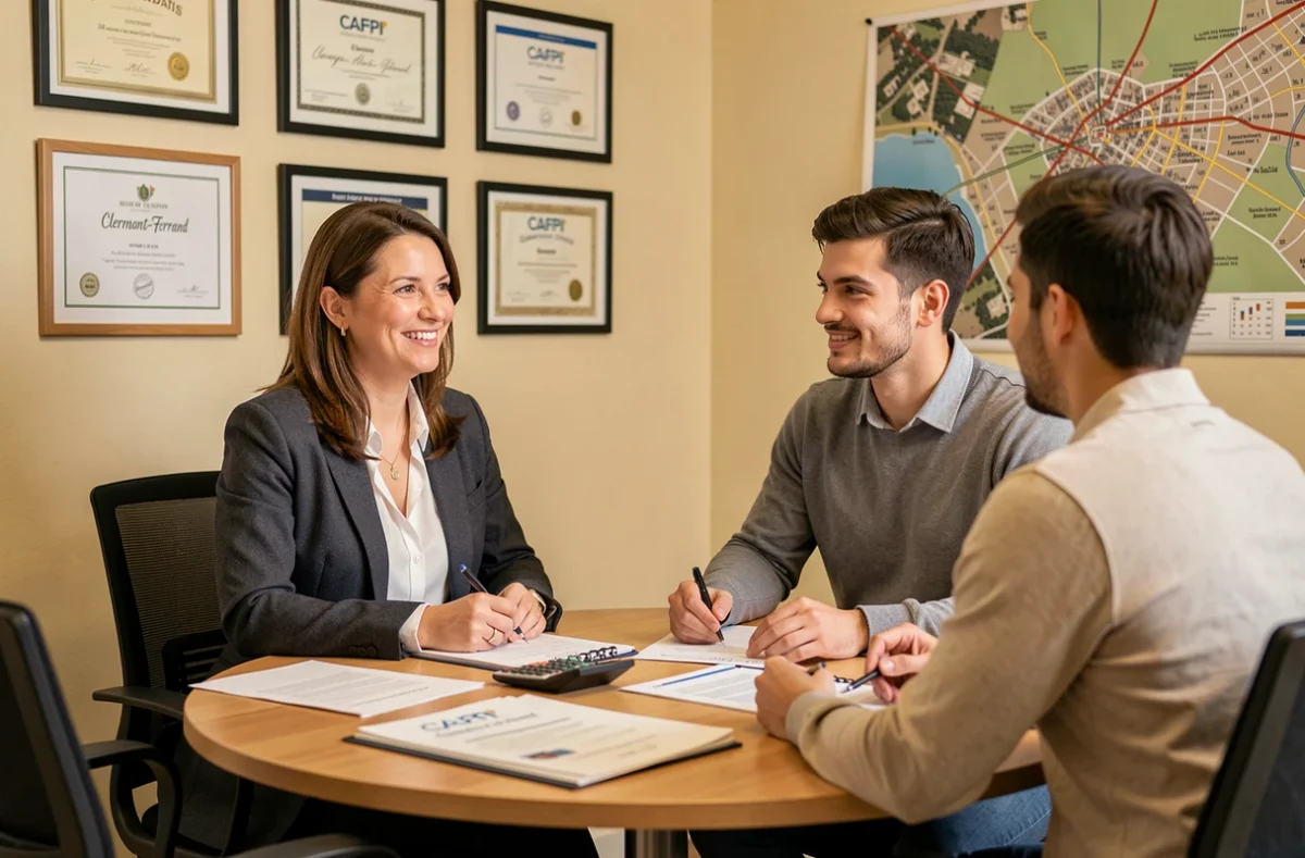 Conseillère CAFPI à Clermont-Ferrand présentant des solutions de courtage à un jeune couple