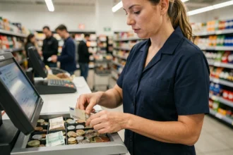 Caissière comptant des billets et pièces en euros au distributeur de billet lors d'un rendu de monnaie en magasin