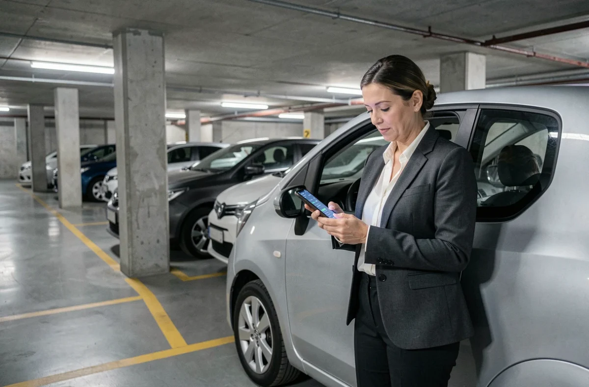 Femme enregistrant ses kilomètres professionnels sur smartphone à côté de sa voiture dans un parking