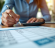 Mains utilisant une calculatrice avec fiche de salaire de 1950 euros
