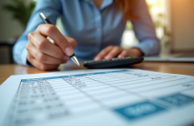 Mains utilisant une calculatrice avec fiche de salaire de 1950 euros