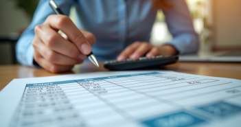 Mains utilisant une calculatrice avec fiche de salaire de 1950 euros