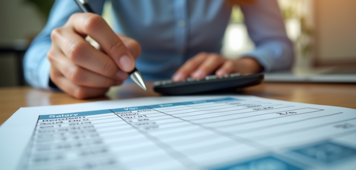 Mains utilisant une calculatrice avec fiche de salaire de 1950 euros