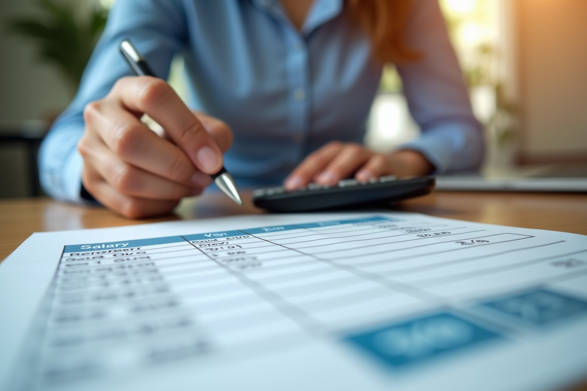Mains utilisant une calculatrice avec fiche de salaire de 1950 euros