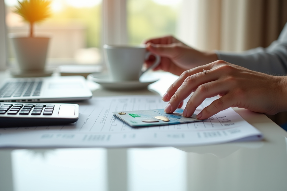 Mains tenant une carte d assurance retraite et une calculatrice sur une table