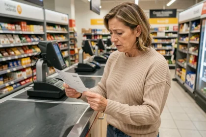 Femme examinant un chèque différé Cora à la caisse d'un hypermarché, conditions et mentions légales visibles