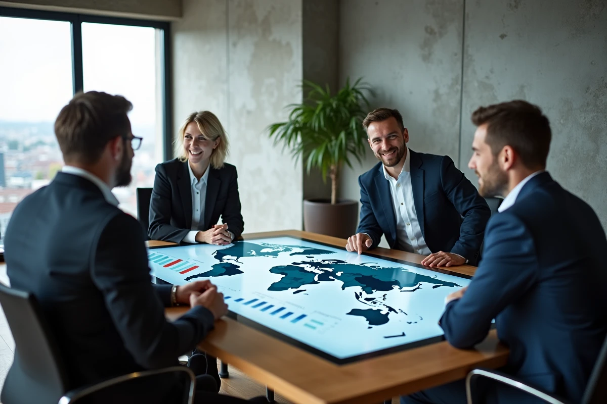Groupe de professionnels internationaux analysant une carte du monde économique sur écran interactif lors d'une réunion d'affaires, représentant le classement des nations les plus riches en 2026