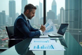 Homme d'affaires en costume analysant des rapports économiques dans un bureau moderne avec vue sur une grande métropole, illustrant les pays les plus riches du monde en 2026