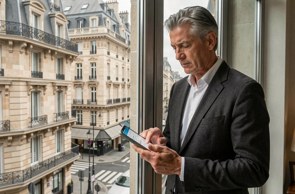 Homme d'affaires fortuné consultant son application de gestion de patrimoine BNP Paribas depuis son bureau avec vue sur Paris