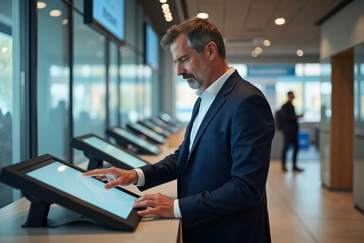Client masculin utilisant un terminal libre-service dans une agence bancaire CIC pour accéder à Filibanque