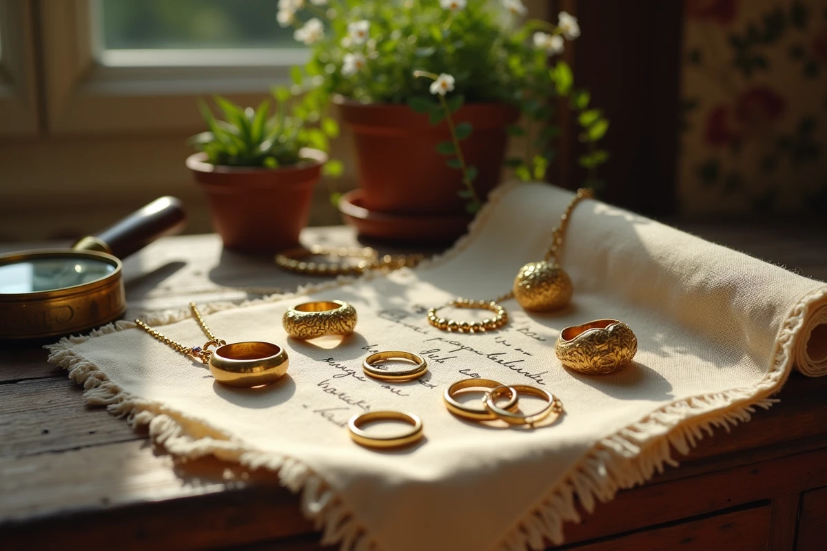 Collection de bijoux en or hérités disposés sur du lin avec une note manuscrite, valorisation de bijoux anciens en or 9 carats