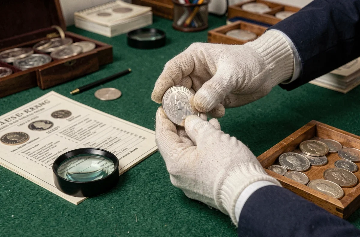 Numismate tenant une pièce 50 Francs 1977 en argent avec des gants blancs au-dessus d'un bureau de collection organisé