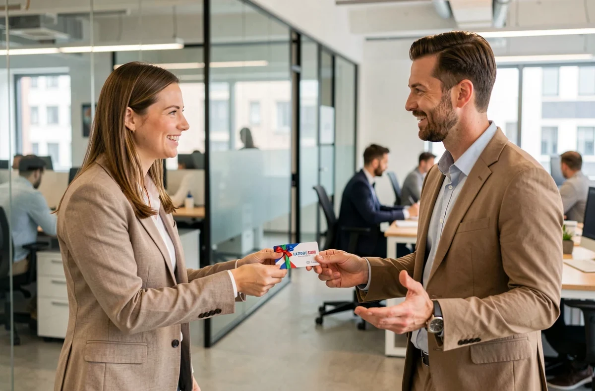 Deux collègues échangeant une carte cadeau UpCadhoc dans un bureau moderne