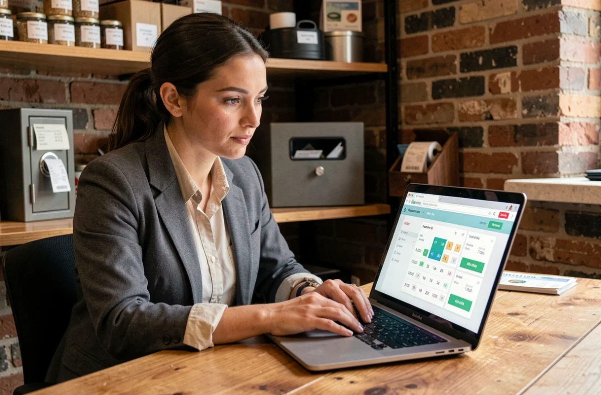 Commerçante utilisant une calculatrice en ligne pour optimiser le rendu de monnaie et éviter les litiges clients