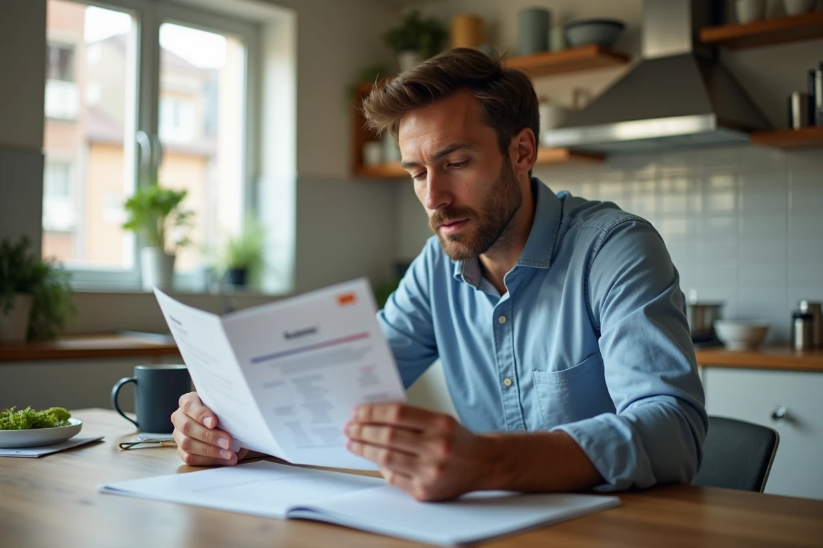 Homme comparant des brochures d'assurance bancaire et de courtage à domicile, symbolisant le processus de choix de la meilleure couverture