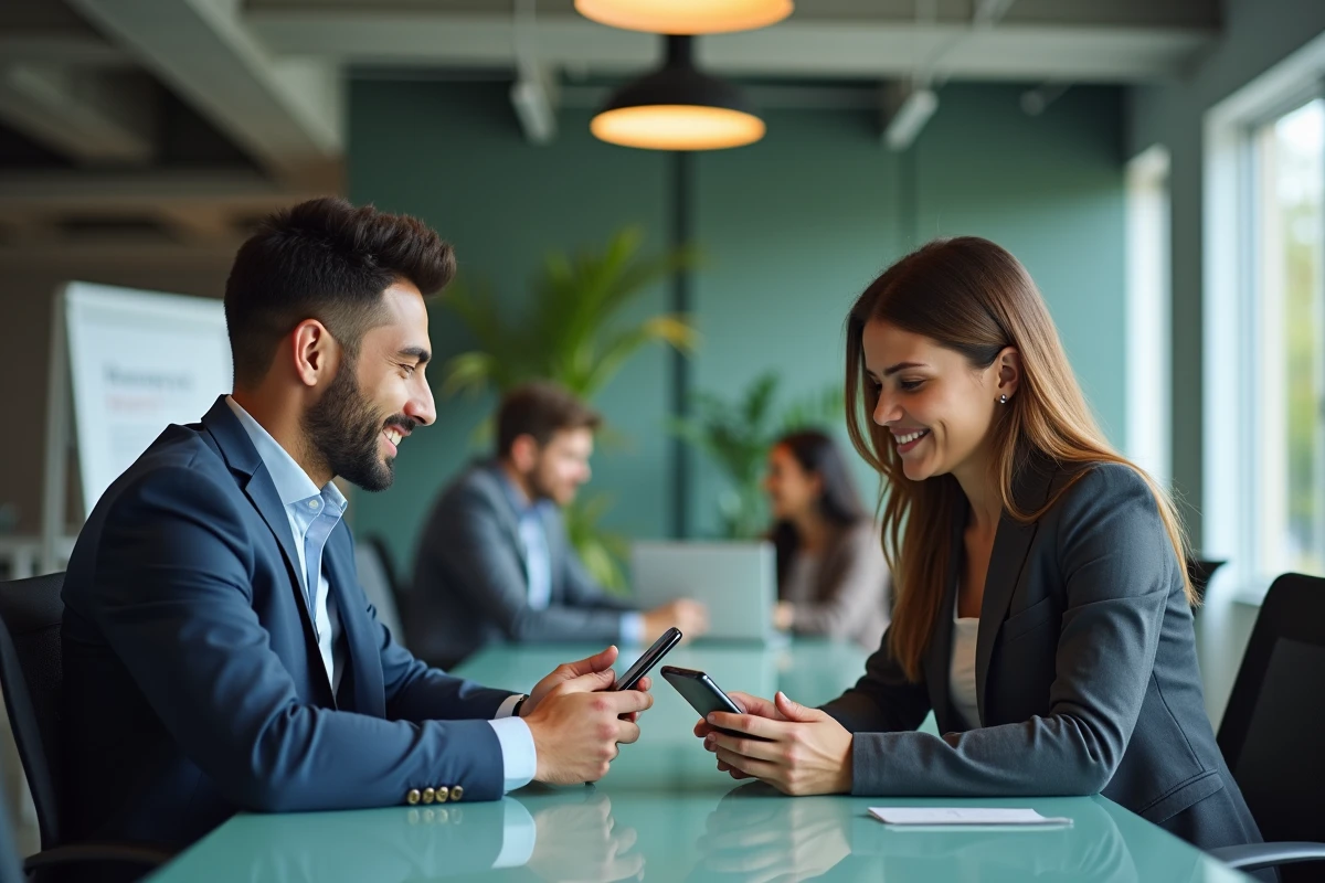 Deux professionnels comparant les différences entre BNP Banque Privée et l'application Mes Comptes sur leurs smartphones en réunion